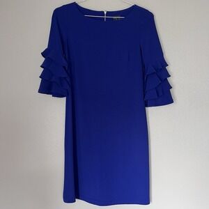 Gabby Skye Women's Size 4 Knee Length Solid‎ Blue Formal Dress Ruffle Sleeve